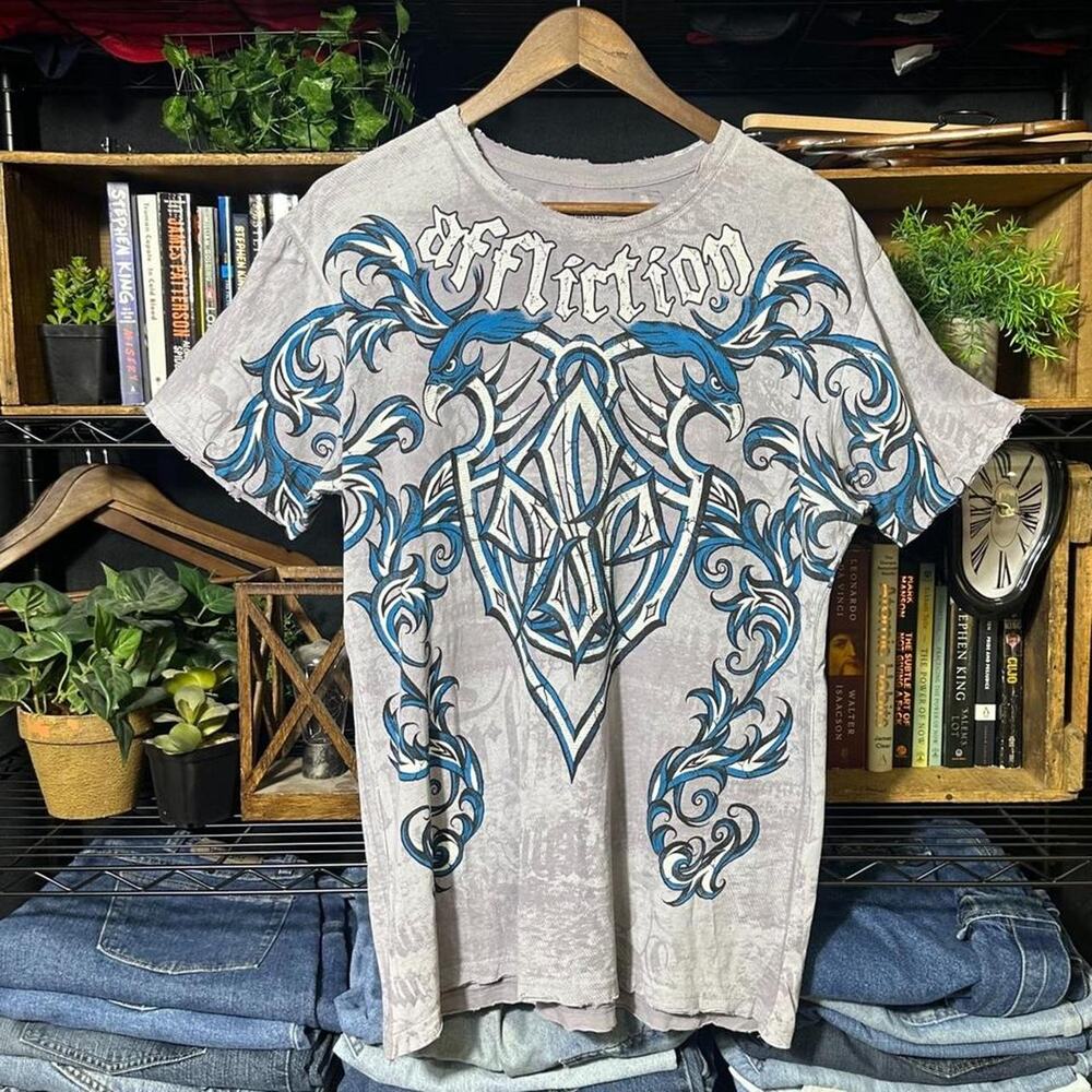 Y2K Affliction AOP Georges St-Pierre Tee Mens Large Grey Blue Grunge Shirt